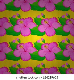 Beautiful vector seamless pattern for decoration and design. Exquisite pattern with hibiscus flowers in vintage style. Trendy print with watercolor ditsy hibiscus flowers on a yellow background.
