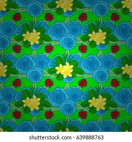 Beautiful vector seamless pattern for decoration and design. Exquisite pattern with rose flowers in vintage style. Trendy print with watercolor ditsy rose flowers and green leaves on green background.