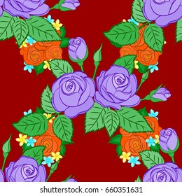 Beautiful vector seamless pattern for decoration and design. Exquisite pattern with rose flowers in vintage style. Trendy print with watercolor ditsy rose flowers and green leaves on a red background.