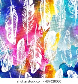 Beautiful vector seamless pattern with feathers. White feathers on colorful background design.