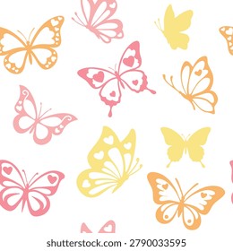Beautiful vector seamless pattern featuring delicate pastel pink, yellow, and orange butterflies with heart shapes on their wings. Minimalist flat line art and silhouette design.