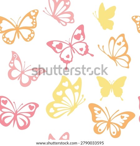 Beautiful vector seamless pattern featuring delicate pastel pink, yellow, and orange butterflies with heart shapes on their wings. Minimalist flat line art and silhouette design.