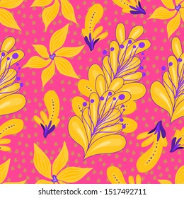 Beautiful vector seamless pattern with floral elements in pink, yellow, and violet palette. Wonderful composition for kids clothing, textile, fabric, bed linen, cover, fashion, etc.