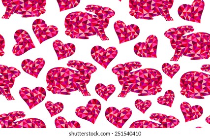 Beautiful vector seamless pattern with geometrical triangle bunnies and hearts - symbols of love. You can use it as a valentine's day background