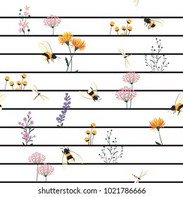 Beautiful Vector Seamless Pattern Hand Drawn Artwork Isolated garden wild  Flowers and Insects ,dragonfly with black  Line on white striped.