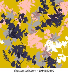 Beautiful Vector seamless pattern with hand drawing wild botanical and flowers, colorful  illustration, floral elements, for fasshion fabric and all prints on yellow background.