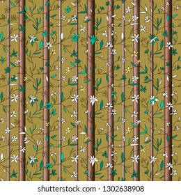 Beautiful vector seamless pattern. Hand drawn small flowers on branches with leaves and tree trunks on olive background. Template for textile, wallpaper, cover, web, card, carton, banner.