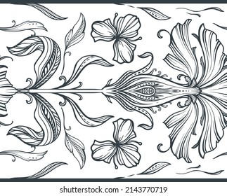 Beautiful vector seamless pattern with hand drawn floral elements, flowers and leaves. Black and white endless background