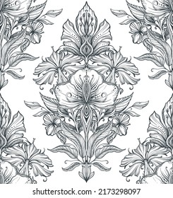 Beautiful vector seamless pattern with hand drawn floral elements, flowers and leaves. Black and white endless background