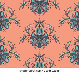 Hermoso patrón vectorial sin fisuras con elementos florales dibujados a mano, flores y hojas. Fondo interminable y colorido