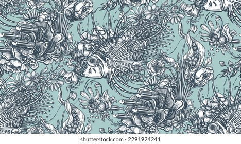 Beautiful vector seamless pattern with hand drawn graphic beautiful ornate sea animals and flowers.