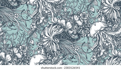 Beautiful vector seamless pattern with hand drawn graphic beautiful ornate sea animals and flowers.