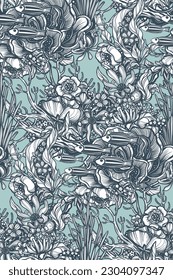 Beautiful vector seamless pattern with hand drawn graphic beautiful ornate sea animals and flowers.