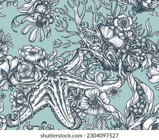 Beautiful vector seamless pattern with hand drawn graphic beautiful ornate sea animals and flowers.