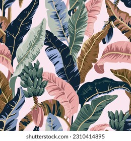 Beautiful vector seamless pattern with hand drawn colorful tropical palm leaves. banana palm. Stock illustration. Wallpapper textile fabric design.