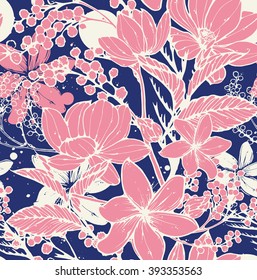 Beautiful vector seamless pattern with hand drawn flowers, frangipani, mimosa and lotus. Elegant repeating surface pattern perfect for web and print purposes.