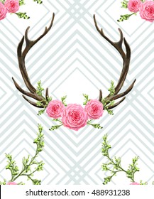 Beautiful vector seamless pattern with horns and flowers. Hand drawn boho chic style design elements with deer antler, roses, branches, leaves and various flowers isolated on white background