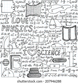 Beautiful vector seamless pattern "I love physics", "handwritten on a copybook paper"