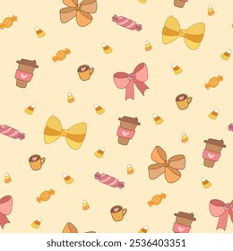 Beautiful vector seamless pattern with isolated hand drawn sweets and bows