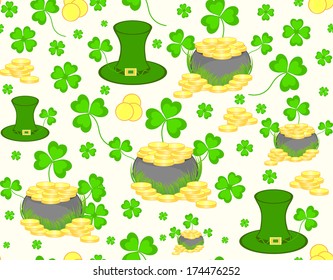 Beautiful vector seamless pattern with leprechaun hat, clover and golden coins for St. Patrick's day