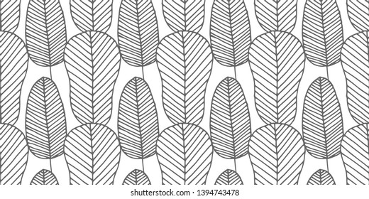 Beautiful vector seamless pattern made of monochrome feathers and leaves in white and gray colors. Repeating texture in boho style. Hippie design for surfaces, fabric, textile, paper wrappings.