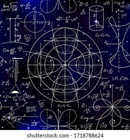 Beautiful vector seamless pattern with mathematical figures, plots and formulas, handwritten on the starry space background