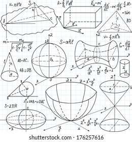 Beautiful vector seamless pattern with mathematical figures, plots and formulas, "handwritten on the copybook paper". You can use any color of background