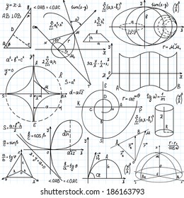 Beautiful vector seamless pattern with mathematical figures and plots, "handwritten on the copybook paper"