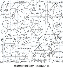 Beautiful vector seamless pattern with mathematical figures, calculations and plots, "handwritten on the copybook paper"