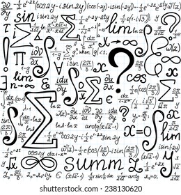 Beautiful vector seamless pattern with mathematical figures, formulas and symbols, "handwritten on the copybook paper". You can use any color of background