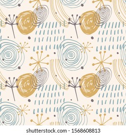 Beautiful vector seamless pattern in minimalistic scandinavian style in warm muted colors on light background. Abstract hand drawn ink shapes. Repeating wallpaper. Trendy background design.