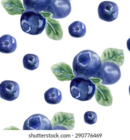 Beautiful vector seamless pattern with natural fresh blueberries. Bright blue, violet and green hand drawn watercolor elements on white background.