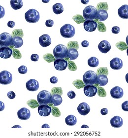 Beautiful vector seamless pattern with natural fresh blueberries. Bright blue, violet and green hand drawn watercolor elements on white background.