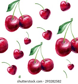 Beautiful vector seamless pattern with natural fresh cherries. Bright red, claret and green hand drawn watercolor elements on white background.