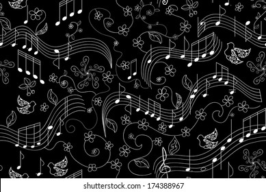 Beautiful vector seamless pattern with notes, birds and spring flowers