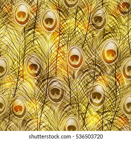Beautiful vector seamless pattern with  peacock feathers.  Gold background.