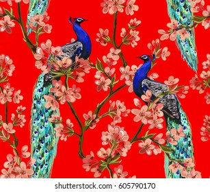 Beautiful vector seamless pattern with peacock tropical japanese flowers, tree, spring wallpaper, branches. Perfect for wallpapers, web page backgrounds, surface textures, textile.