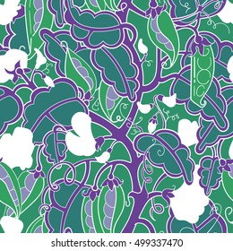 Beautiful vector seamless pattern with peas in a pod (vegetables). Ideal for printing, fabric design, wallpaper, packing, pattern fills, background of web page, surface textures.