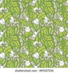 Beautiful vector seamless pattern with peas in a pod (vegetables). Ideal for printing, fabric design, wallpaper, packing, pattern fills, background of web page, surface textures.