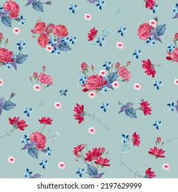 Beautiful vector seamless pattern with pink roses in pastoral vintage style