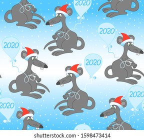 Beautiful vector seamless pattern with rats holding blue balloons with the sign "2020" on it. Merry Christmas vector background