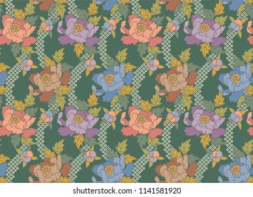 Beautiful vector seamless pattern, Rose mosaic flower. Vector unique seamless green color background asian texture.For printing on packaging, textiles, paper, manufacturing, wallpapers, scrapbooking.