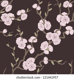 Beautiful vector seamless pattern with sakura flowers and leaves