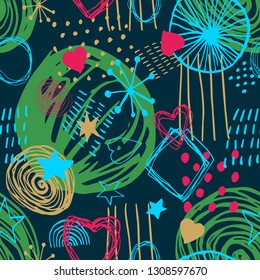 Beautiful vector seamless pattern in simple scandinavian style in neon colors on dark backdrop. Abstract hand drawn ink shapes. Repeating wallpaper. Trendy background design.