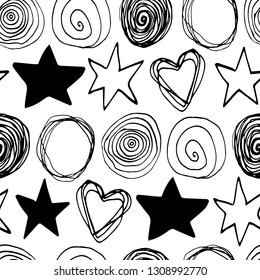 Beautiful vector seamless pattern in simple scandinavian style. Abstract black hand drawn ink shapes on isolated on white. Repeating wallpaper. Trendy background design.