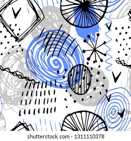 Beautiful vector seamless pattern in simple scandinavian style in black, blue, gray colors on white background. Abstract hand drawn ink shapes. Repeating wallpaper. Trendy background design.