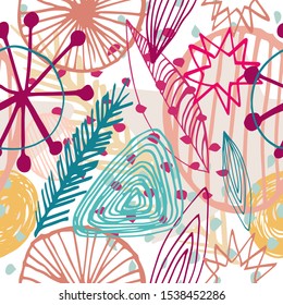 Beautiful vector seamless pattern in simple scandinavian style in purple, pink, blue, brown colors on white background. Abstract hand drawn ink shapes. Repeating wallpaper. Trendy background design.