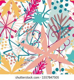 Beautiful vector seamless pattern in simple scandinavian style in purple, pink, blue, brown colors on white background. Abstract hand drawn ink shapes. Repeating wallpaper. Trendy background design.