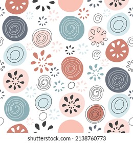 Beautiful vector seamless pattern in simple scandinavian style. Abstract colorful round shapes on white background. Repeating wallpaper. Trendy design for textile, fabric, surfaces, paper wrapping.