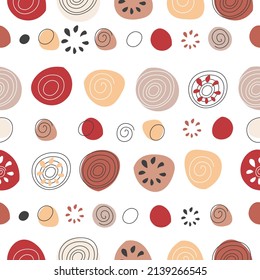 Beautiful vector seamless pattern in simple scandinavian style. Abstract colorful round shapes on white background. Trendy design for textile, fabric, surfaces, paper wrapping.
